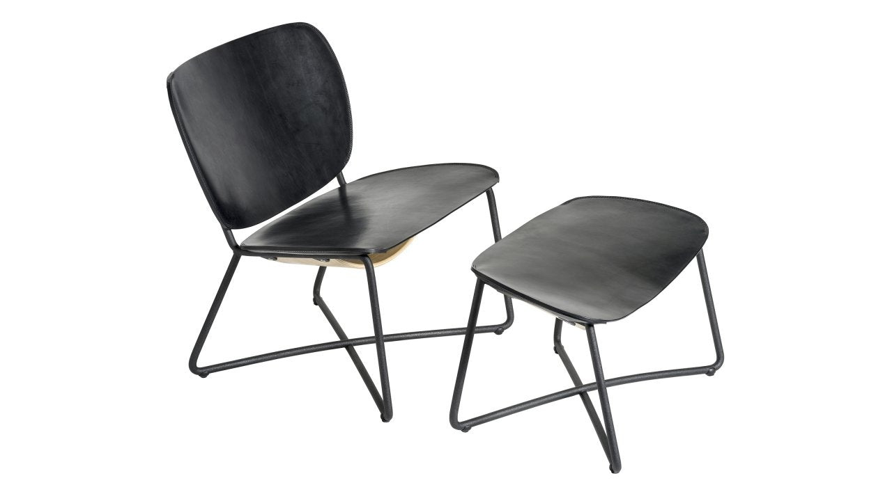 Functionals lounge chair Miller & ottoman - zwart frame - zwart leder