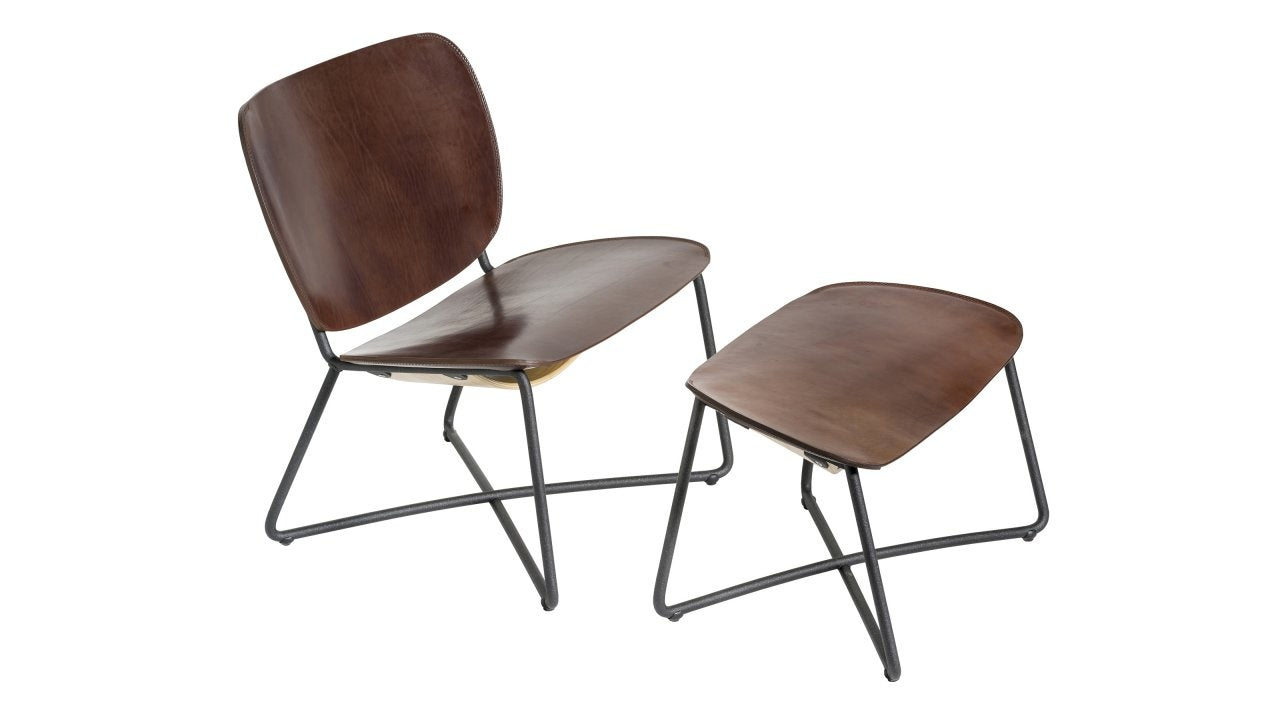 Functionals lounge chair Miller & ottoman - zwart frame - donkerbruin leder